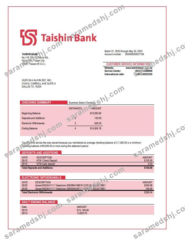 Taishin Bank enterprise statement Word and PDF template